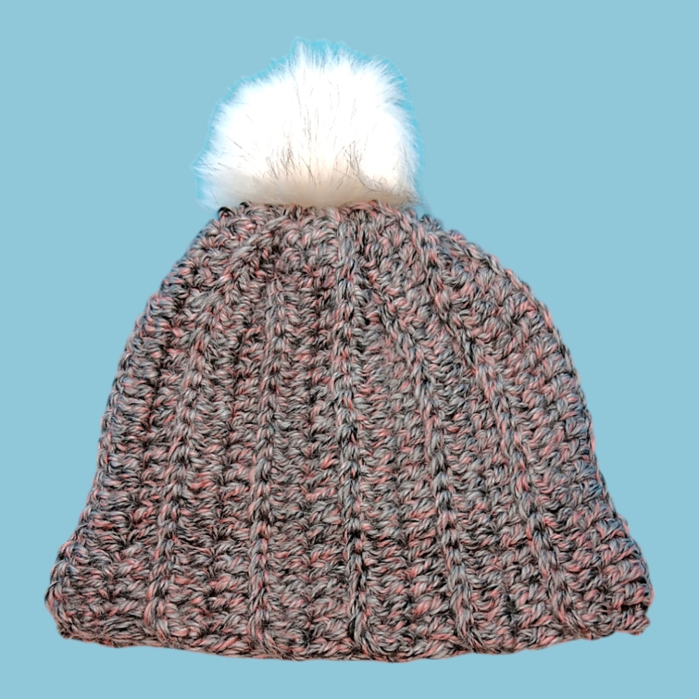 HANDMADE Gray & Pink Ribbed Hand Crochet Beanie Hat with White Faux Fur Pom Pom